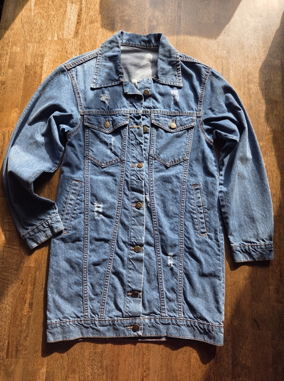 Long Slim Fit, Lightly Distressed Denim Jacket - Picture 2 of 8